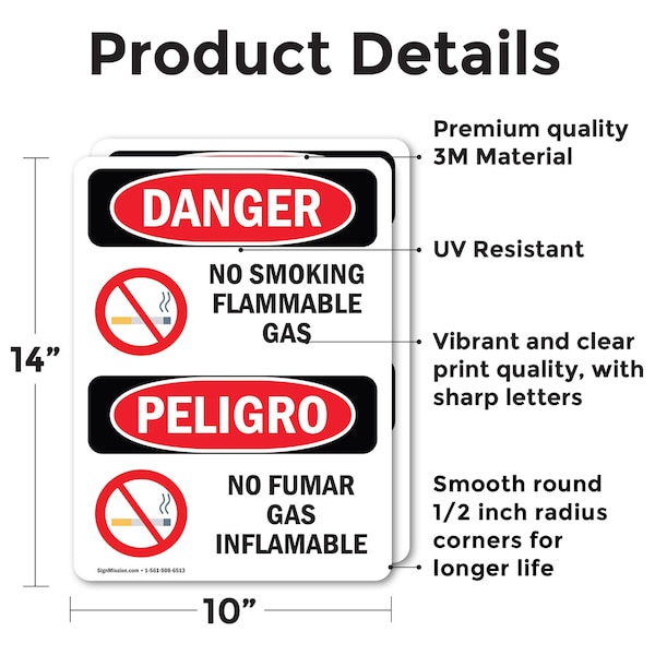 No Smoking Flammable Gas Bilingual Danger Sign, Vinyl Decal, 10in W X 14in L, 2PK